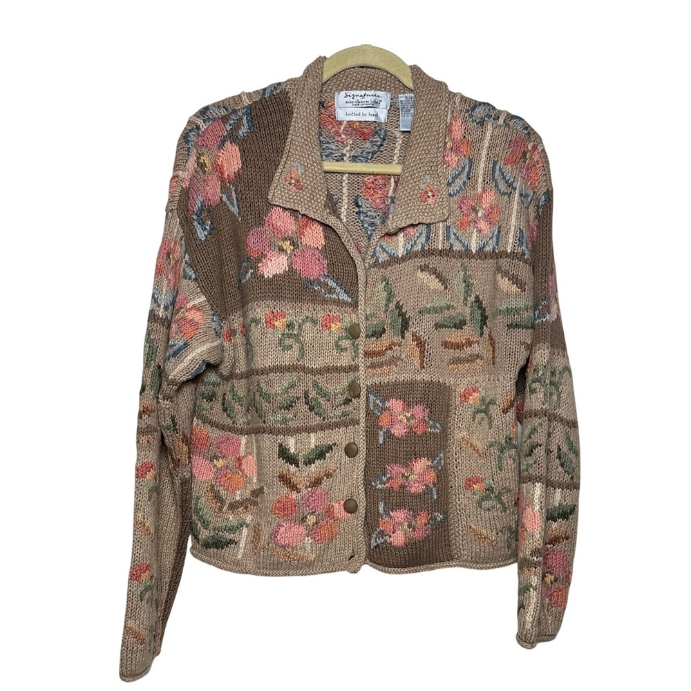 Vintage Signatures Northern Isles Hand Knitted Floral Patchwork Cardigan Size L